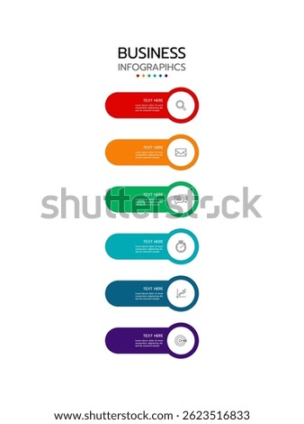 Timeline infographic template showcasing seven vertical, connected round rectangles with a gradient from red to dark blue. Each element has a circular section and space for text. Vector illustration.