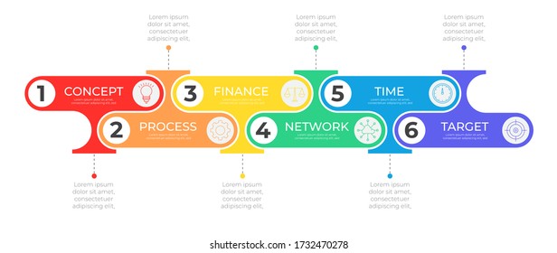 Timeline infographic template with six connected target and icons. Chart strategy process. Modern vector for company or corporate business project and presentation. Trendy Eps10 design