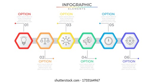 Plantilla de infografía de línea de tiempo con seis hexágonos e iconos conectados. Proceso de estrategia de gráfico. Vector moderno para proyectos y presentaciones de empresas o empresas. Diseño moderno Eps10