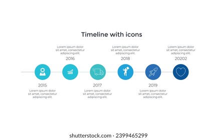 Timeline infographic template with six connected circle and icons. Chart strategy process. Modern vector for company or corporate business project and presentation. Trendy Eps10 design