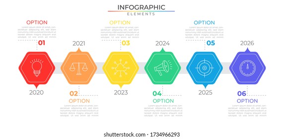 Timeline infographic template with six hexagonal steps and icons. Chart strategy process. Modern vector for company or corporate business project and presentation. Trendy Eps10 design