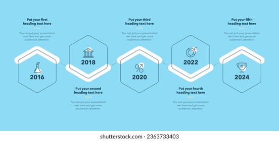 Plantilla de infografía de línea de tiempo con seis etapas - versión azul. Diseño de gráfico SImple para diseño de flujo de trabajo, diagrama, banner, diseño web.