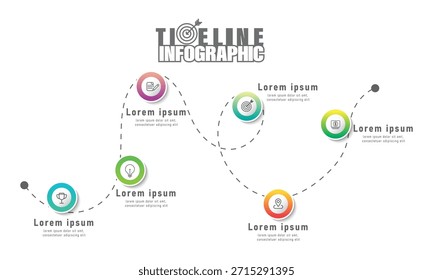 Plantilla de infografía de línea de tiempo con seis pasos e íconos para la gestión de proyectos y la presentación comercial