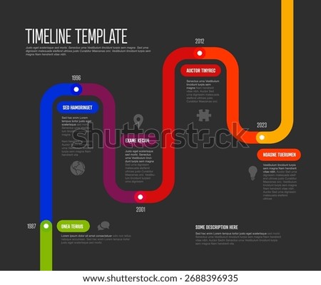 Timeline infographic template using a colorful wavy path to illustrate chronological events. This timeline template is perfect for presenting historical data or project milestones in an engaging way.