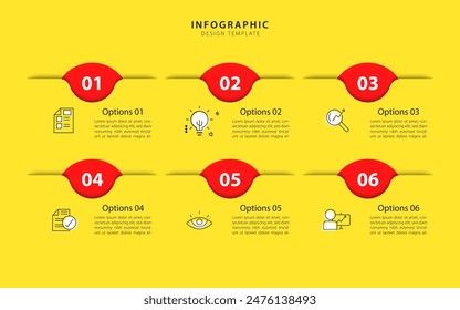 Timeline infographic template yellow background. 6 Step timeline journey, calendar Flat simple infographics design template. presentation graph. Business concept with 6 options, vector illustration.