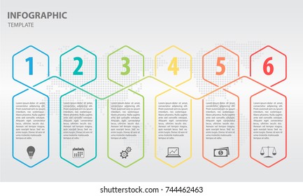 Timeline infographic thin line arrow design with hexagon 6 options.
