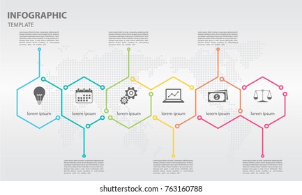 Timeline infographic thin line arrow design with hexagon 6 options.