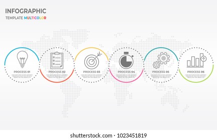 Timeline infographic thin line design, Circle 6 process options.