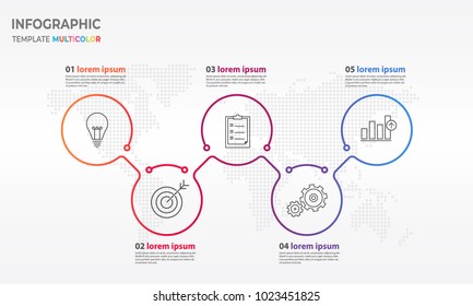 Timeline infographic thin line design, Circle 5 process options.