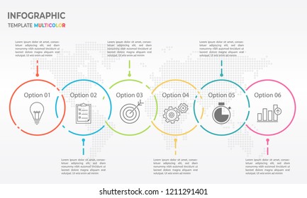 Timeline infographic thin line design, Circle 6 options.