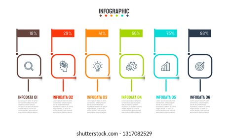 Timeline infographic thin line design with marketing icons. Business concept with 6 steps, options, square, Vector template.