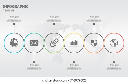 Timeline infographic thin line design template with circle 6 options.