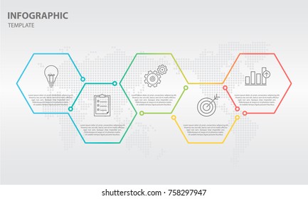 Timeline infographic thin line design with hexagon 5 options.