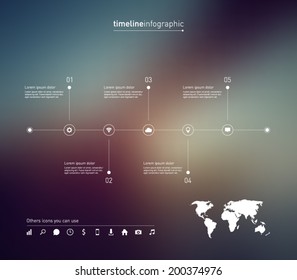 Timeline infographic with unfocused background and icons set for business design, reports, step presentation, number options, progress, workflow layout or websites. Clean and modern style 