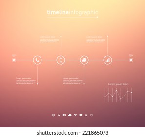 Timeline infographic with unfocused background and icons set for business design, reports, step presentation, number options, progress, workflow layout or websites. Clean and modern style 
