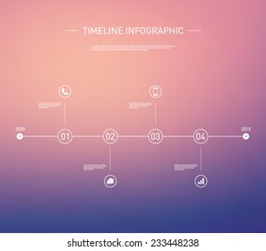 Timeline infographic with unfocused background and icons set for business design, reports, step presentation, number options, progress, workflow layout or websites. Clean and modern style 