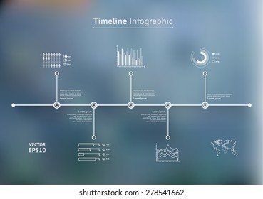 Timeline infographic with unfocused background and icons set. World map