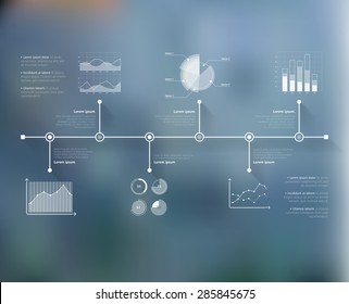 Timeline infographic with unfocused background and icons set. World map