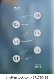 Timeline infographic with unfocused background and icons set. World map
