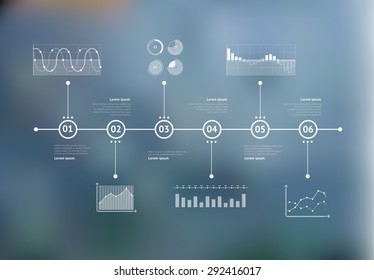 Timeline infographic with unfocused background and icons set. World map