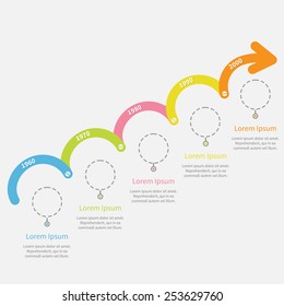 Timeline Infographic upwards arrow with screw dash line circles and text. Template. Flat design. Vector illustration