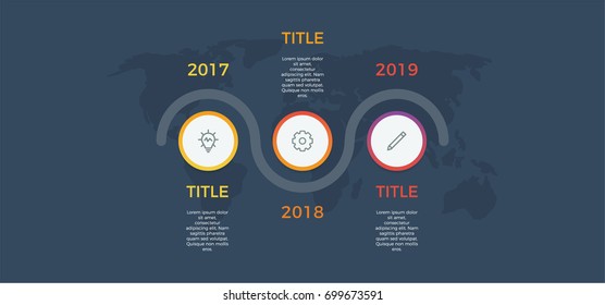 timeline infographic vector with 3 options, steps, circles, can be used for workflow, diagram, banner, process, business presentation, timeline, report. dark theme.