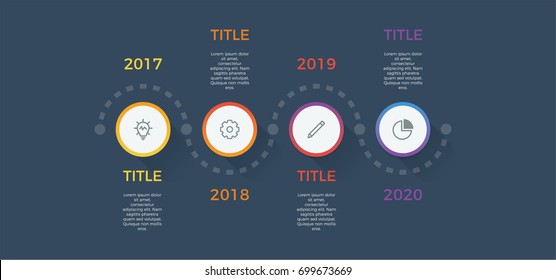 timeline infographic vector with 4 options, steps, circles, can be used for workflow, diagram, banner, process, business presentation, timeline, report. dark theme.