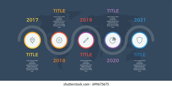 timeline infographic vector with 5 options, steps, circles, can be used for workflow, diagram, banner, process, business presentation, timeline, report. dark theme.