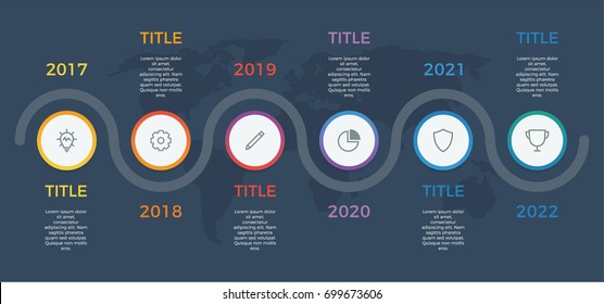 timeline infographic vector with 6 options, steps, circles, can be used for workflow, diagram, banner, process, business presentation, timeline, report. dark theme.