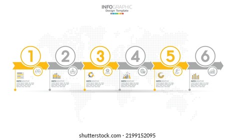 Timeline infographic vector with 6 steps can be used for workflow, layout, diagram, annual report, web design.