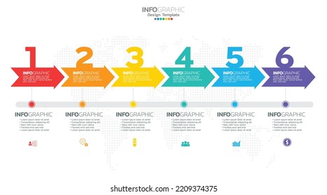 El vector de infografía de línea de tiempo con 6 pasos se puede utilizar para el diseño web de informes anuales de diagrama de flujo de trabajo.
