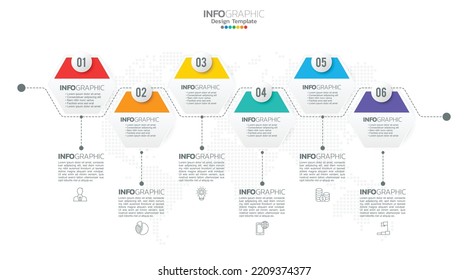 Zeitstrahl-Infografik-Vektorgrafik mit 6 Schritten kann für Workflow-Layout-Diagramm jährliche Berichtsweb-Design verwendet werden.