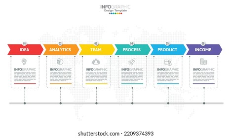 El vector de infografía de línea de tiempo con 6 pasos se puede utilizar para el diseño web de informes anuales de diagrama de flujo de trabajo.