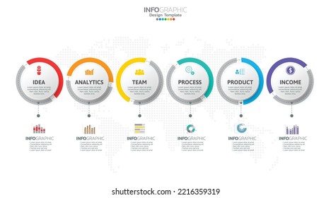 El vector de infografía de línea de tiempo con 6 pasos se puede utilizar para el diseño web de informes anuales de diagrama de flujo de trabajo.