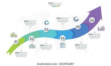 El vector de infografía de línea de tiempo con 6 pasos se puede utilizar para el diseño web de informes anuales de diagrama de flujo de trabajo.