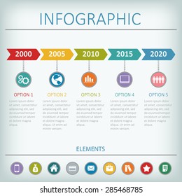 Timeline infographic, vector design template. Flat icons on colored basis. 