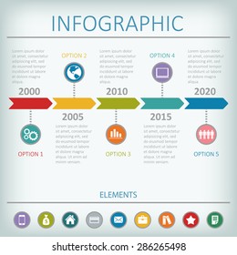 Infografía de línea de tiempo, plantilla de diseño vectorial. Iconos planos en base a colores. 
