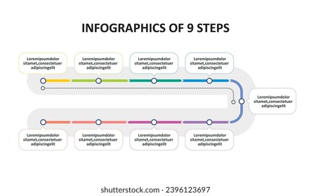 Ilustración vectorial de la línea de tiempo Infografía utilizada para características, catagorías, ramas, conjunto de 9, 9 pasos infográficos, valores de la empresa, viaje, hitos