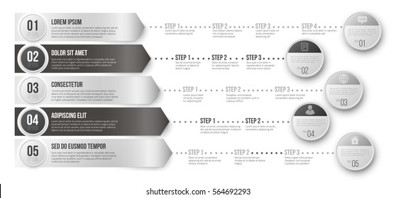 Timeline infographic vector template with black and white arrows pointed to multiple ways for different steps and goals