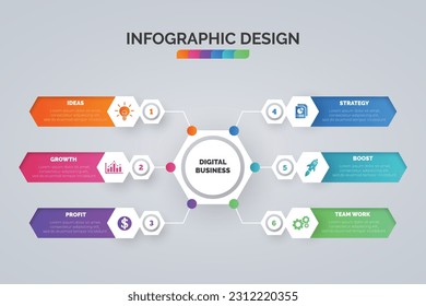 Timeline infographic visualization design template and business icons with 6 options, steps, process for presentation, layout, diagram chart, anual report