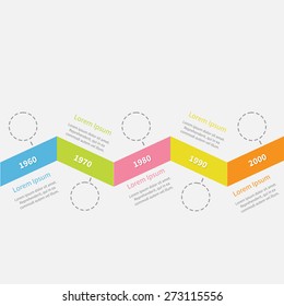 Timeline Infographic Zigzag Ribbon Dash Line Circles And Text. Template. Flat Design. Vector Illustration