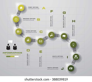 Timeline infographic10 steps vector design template. Can be used for workflow processes, banner, diagram, number options, timeline, work plan, web design. EPS10.
