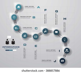 Timeline infographic10 steps vector design template. Can be used for workflow processes, banner, diagram, number options, timeline, work plan, web design. EPS10.