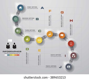 Timeline infographic10 steps vector design template. Can be used for workflow processes, banner, diagram, number options, timeline, work plan, web design. EPS10.