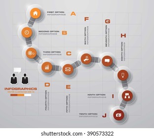 Timeline infographic10 steps vector design template. Can be used for workflow processes, banner, diagram, number options, timeline, work plan, web design. EPS10.