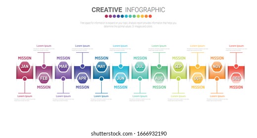 Timeline infographics for 12 months, 1 year and marketing design can be used for workflow layout, diagram, annual report, web design. Business concept with 12 options, steps or processes.