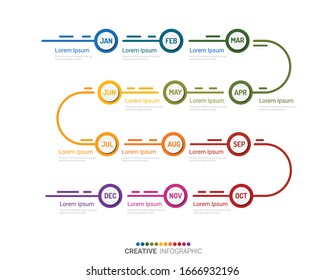 Timeline infographics for 12 months, 1 year and marketing design can be used for workflow layout, diagram, annual report, web design. Business concept with 12 options, steps or processes.