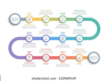 Timeline infographics with 12 months, vector eps10 illustration