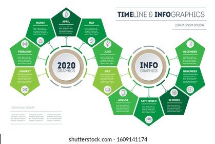 Timeline or infographics with 12 parts. Agricultural production calendar. The development and growth of the business. Eco Business concept with Twelve options, steps or processes.