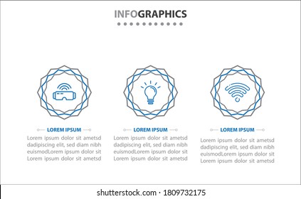 Infografiken der Zeitachse mit 3 Optionen oder 3 Schritten. Vektorvorlage. Kann für Prozessdiagramm, Präsentationen, Workflow-Layout, Banner, Flussdiagramm, Infografik verwendet werden.